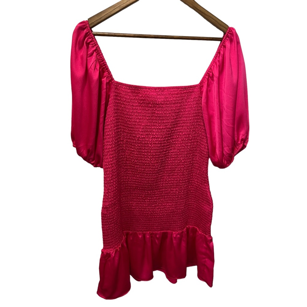 NSR HOT PINK SMOCKED STRETCHY DRESS WITH BALOON SHORT SLEEVES - Picture 13 of 13